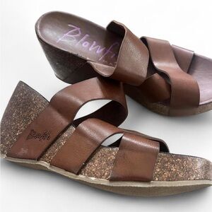Blowfish Malibu Brown vegan Leather Cork Platform Wedge Sandal Size 7.5